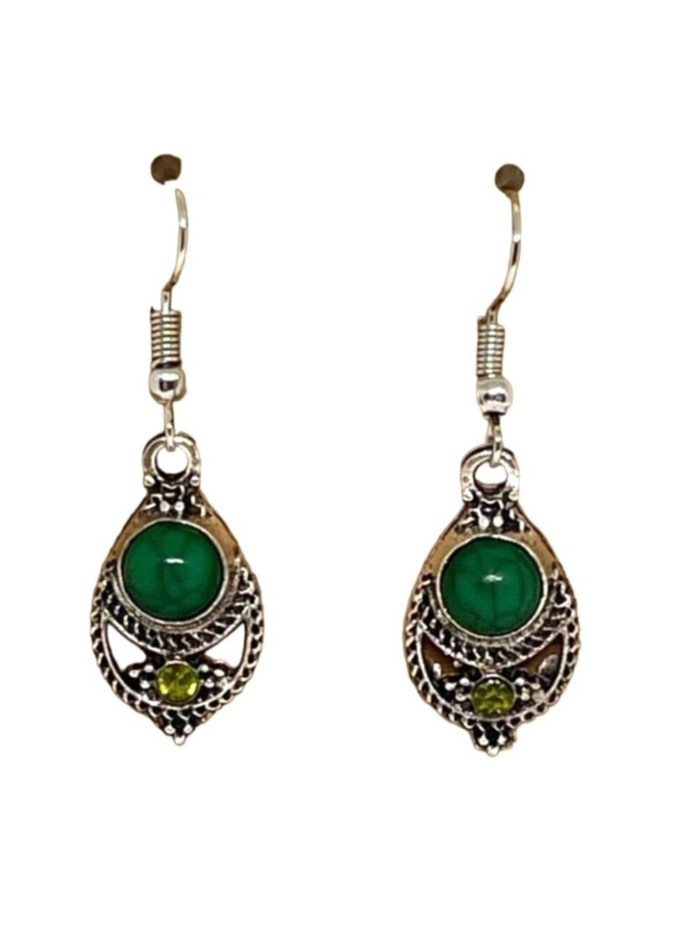 Green Faux Stone Dangle Earrings Silver Tone Boho Filigree Drop New